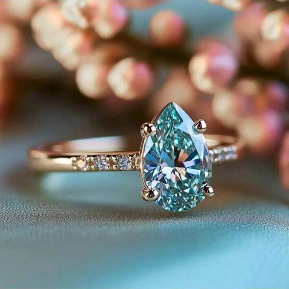18K Gold Filled Pear-Cut Aquamarine Ring - Size 8